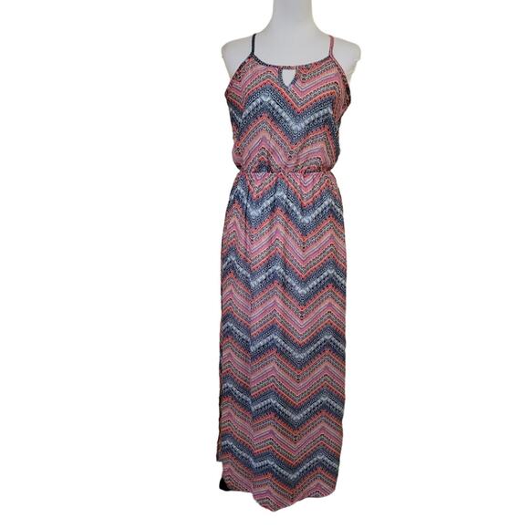 Love Ryan Zig‎ Zag Stripe Elastic Waist Spaghetti Strap Keyhole Maxi Dress - S - Picture 1 of 5